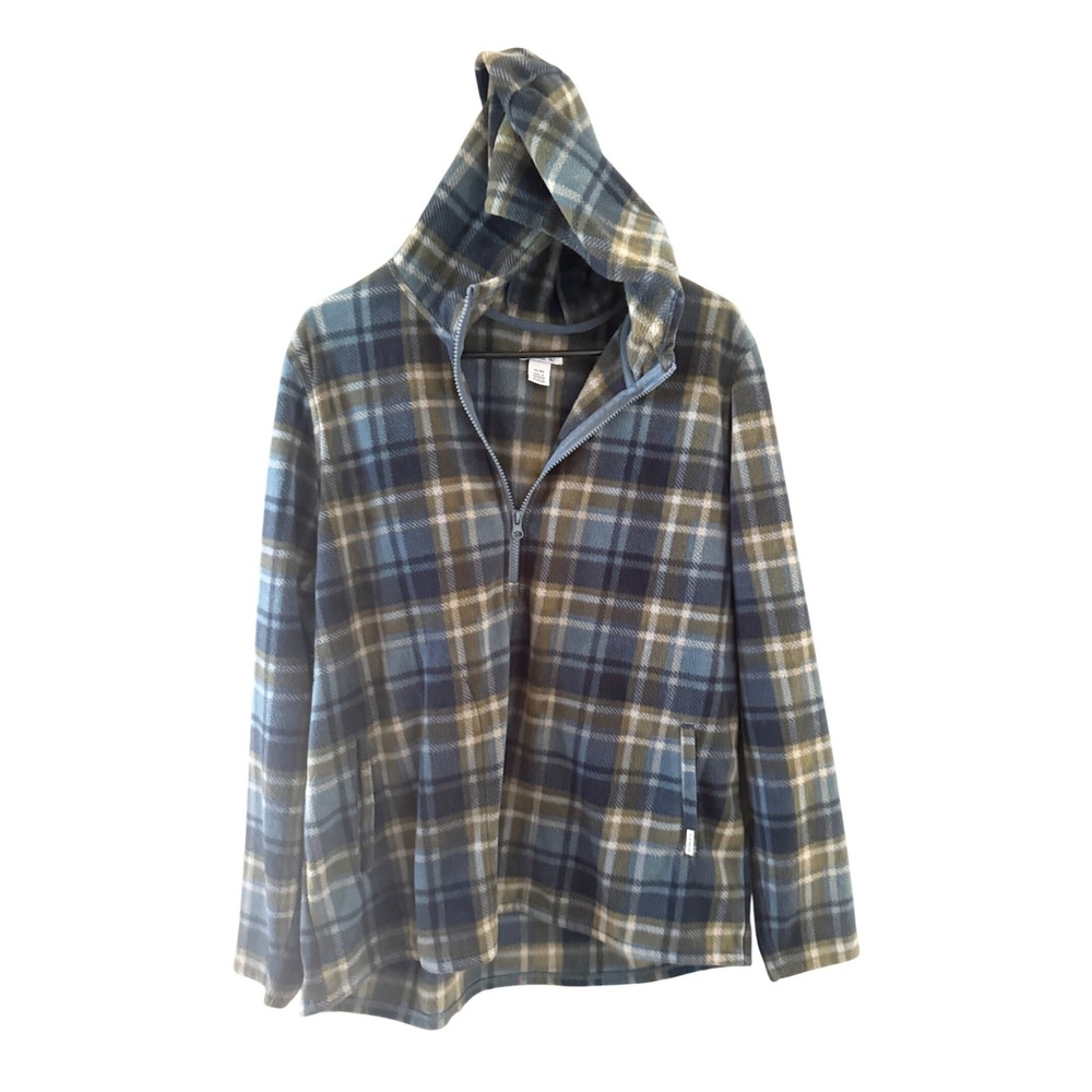 ONeill Mens‎ XL Blue Green Plaid Fleece Quarter Zip Hoodie Pockets Casual Cabin